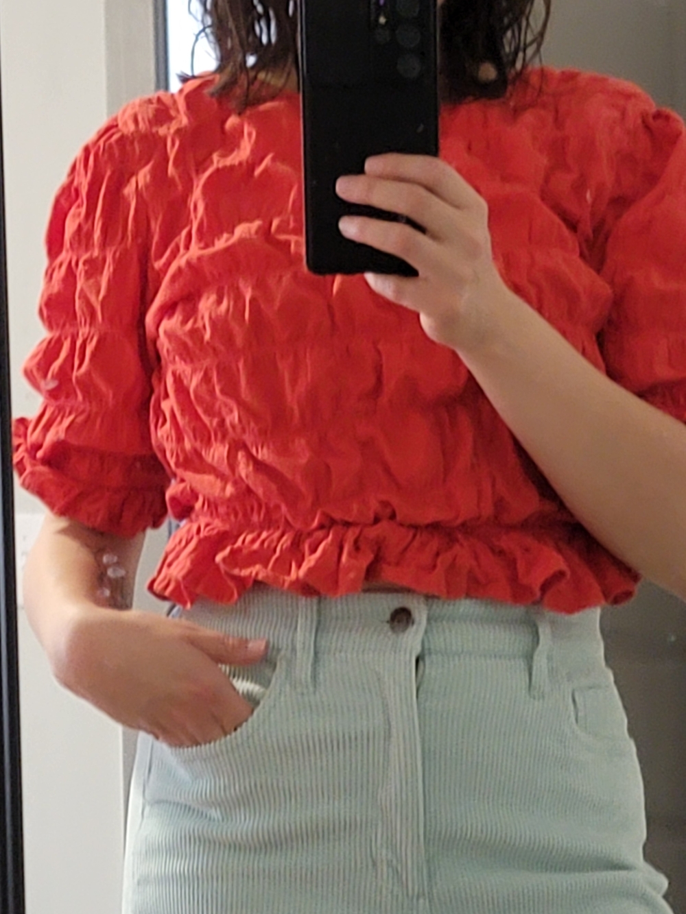 Future Collective Cropped Red Ruched Puff Sleeve Blouse